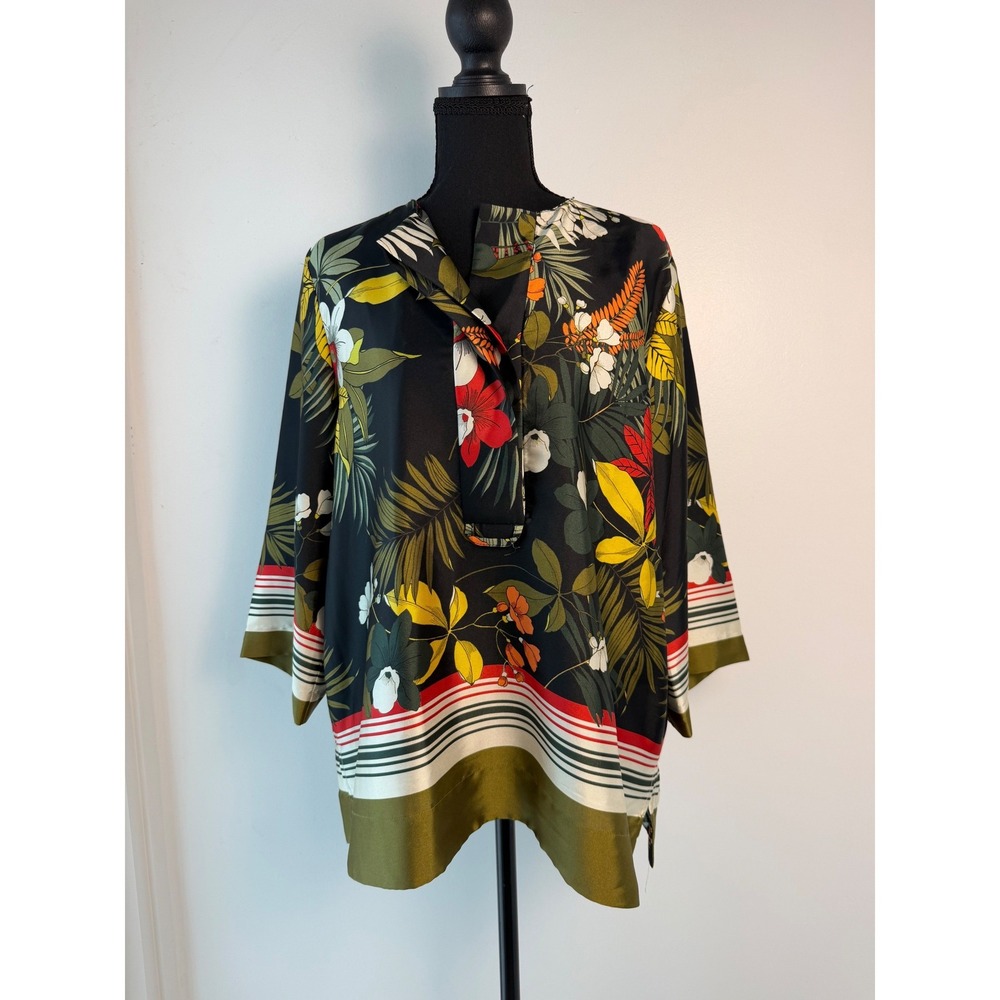 Zara Mob Wife Scarf Tropical Print Tunic Blouse Resort Wear  M